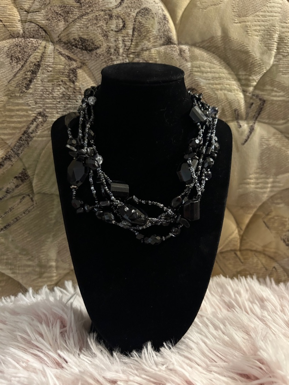Vintage Multi-Strand Black Beaded Statement Choker Necklace